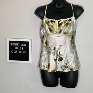 Y2K Satin Floral Camisole Scoop Neck Top w/ Scalloped Hem Adjustable Medium